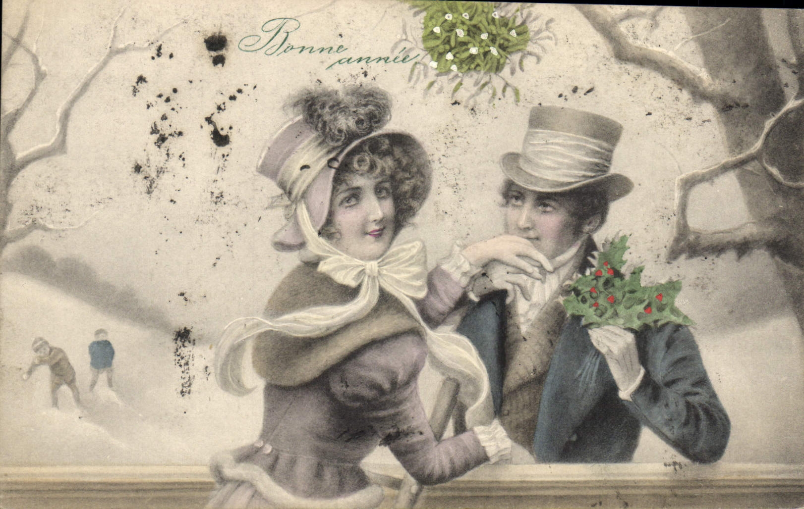 Jeunes amoureux sous la neige — Bonne année — éditeur inconnu, n° de série non visible