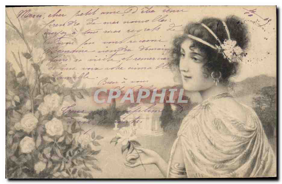 Jeune femme en robe drapée — roses — éditeur M.M. Vienne