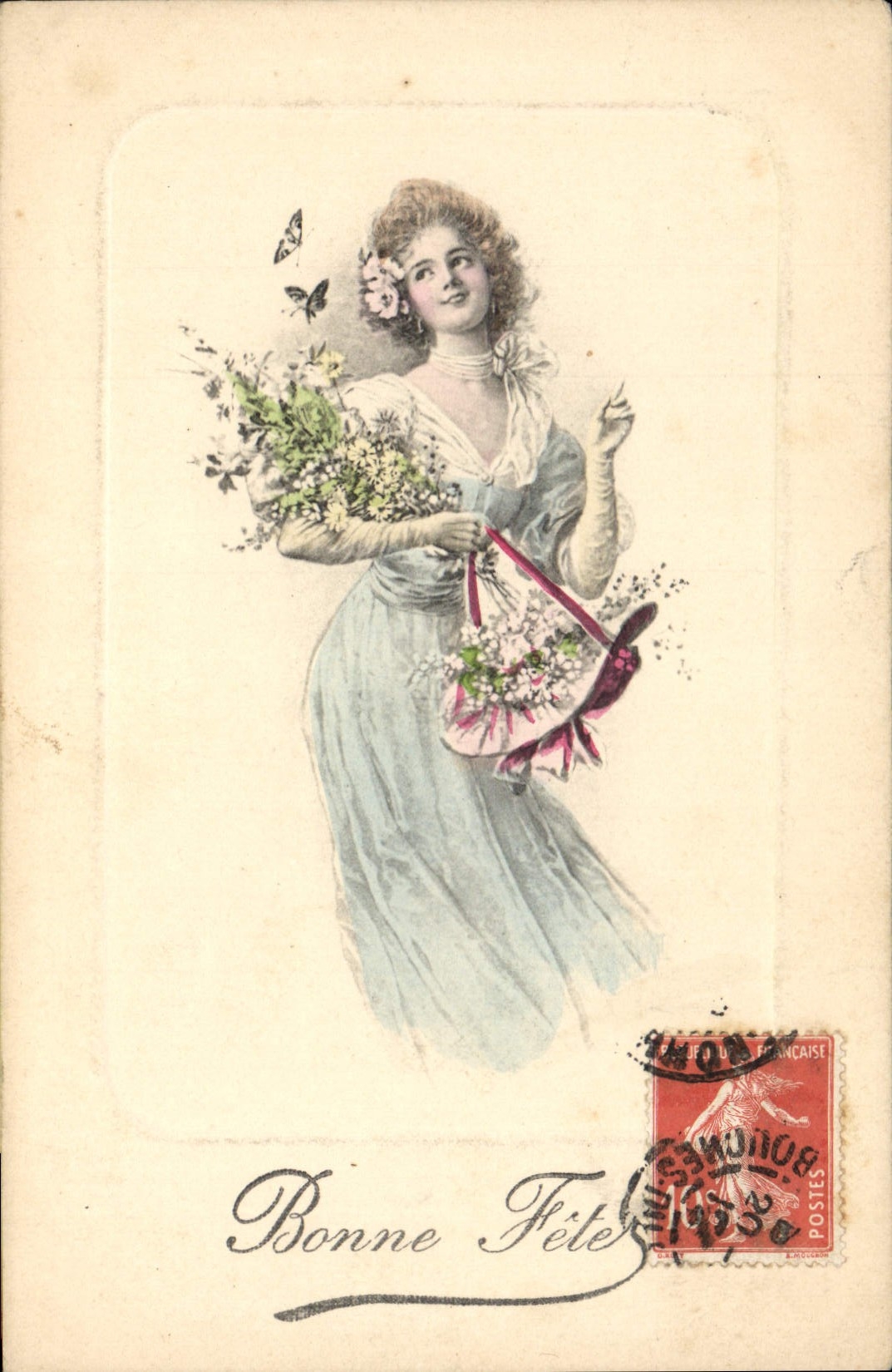 Femme en robe bleue tenant un bouquet — Bonne Fête — éditeur M. M. MUNK, n° 276