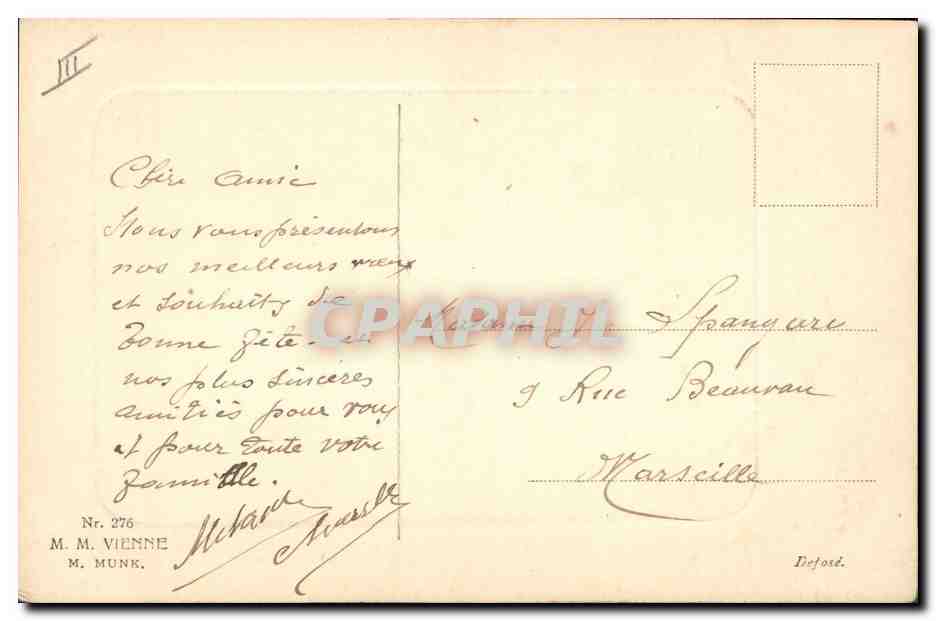 Femme en robe bleue tenant un bouquet — Bonne Fête — éditeur M. M. MUNK, n° 276 — Verso