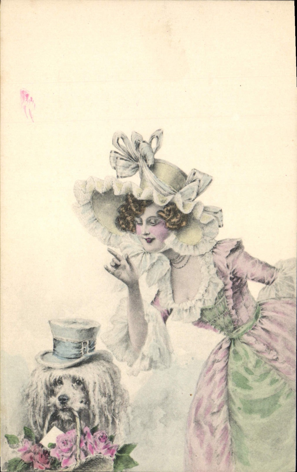 Femme en chapeau à volants avec chien en costume — éditeur CPAPHIL, n° A