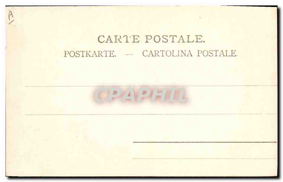 Femme en chapeau à volants avec chien en costume — éditeur CPAPHIL, n° A — Verso