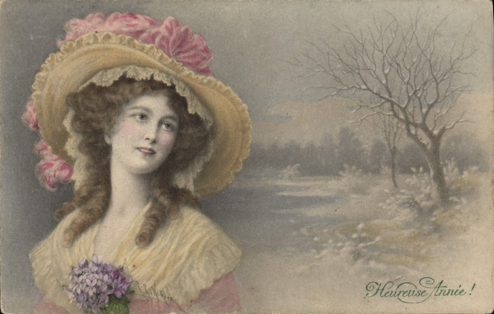 Jeune femme en chapeau à fleurs — Heureuse Année ! — éditeur inconnu, n° de série non visible