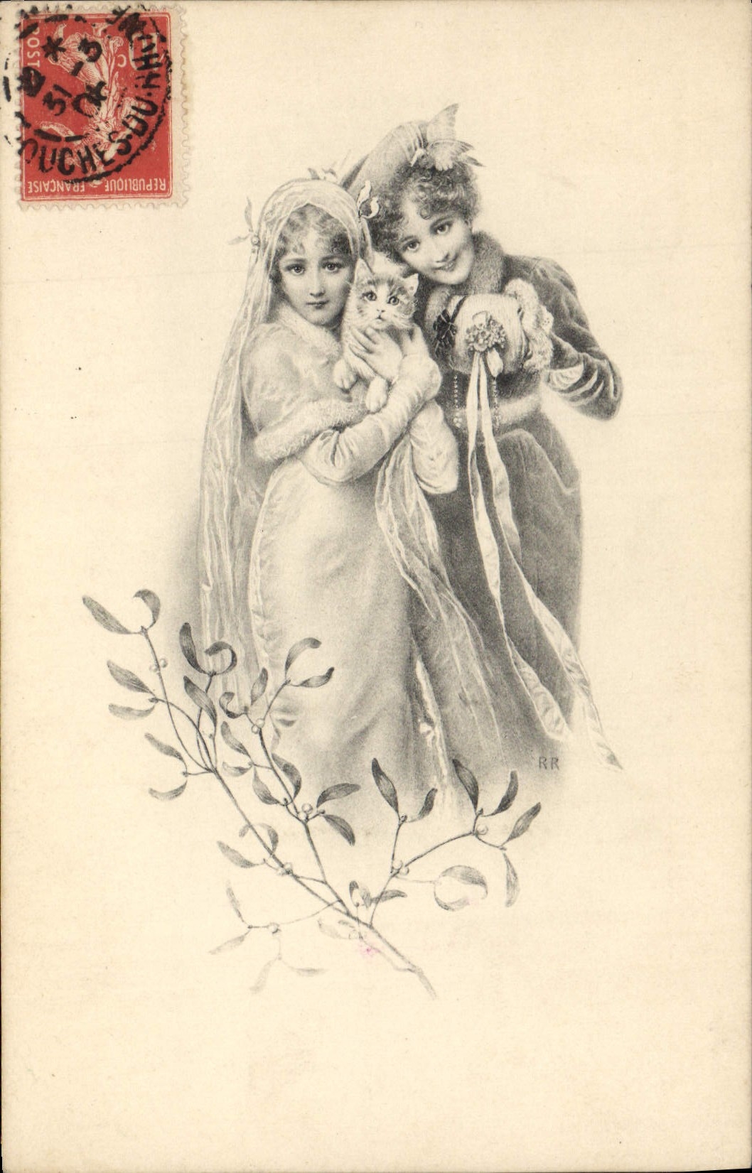Deux jeunes filles avec un chat — illustration — RR