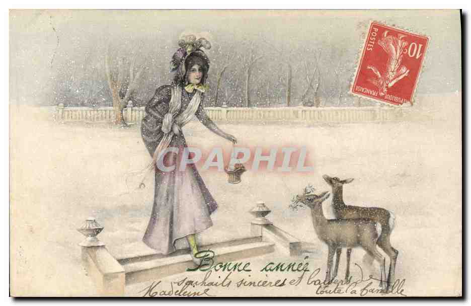 Femme et cerf dans la neige — Bonne année — éditeur V. K., Vienne, n° 5100