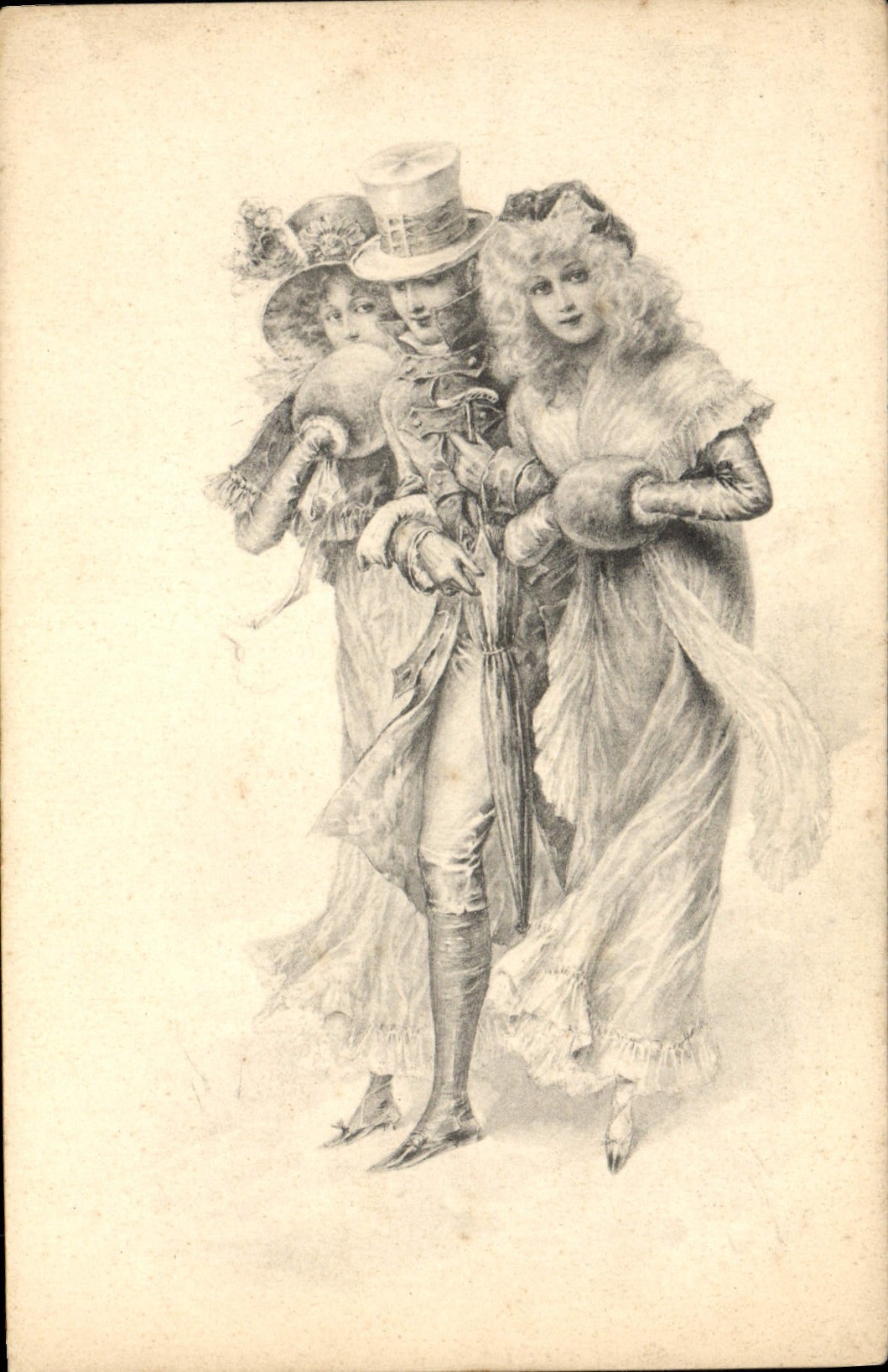 Drei Personen in Theaterkostüm — Verlag M. M. Vienne, Nr. III