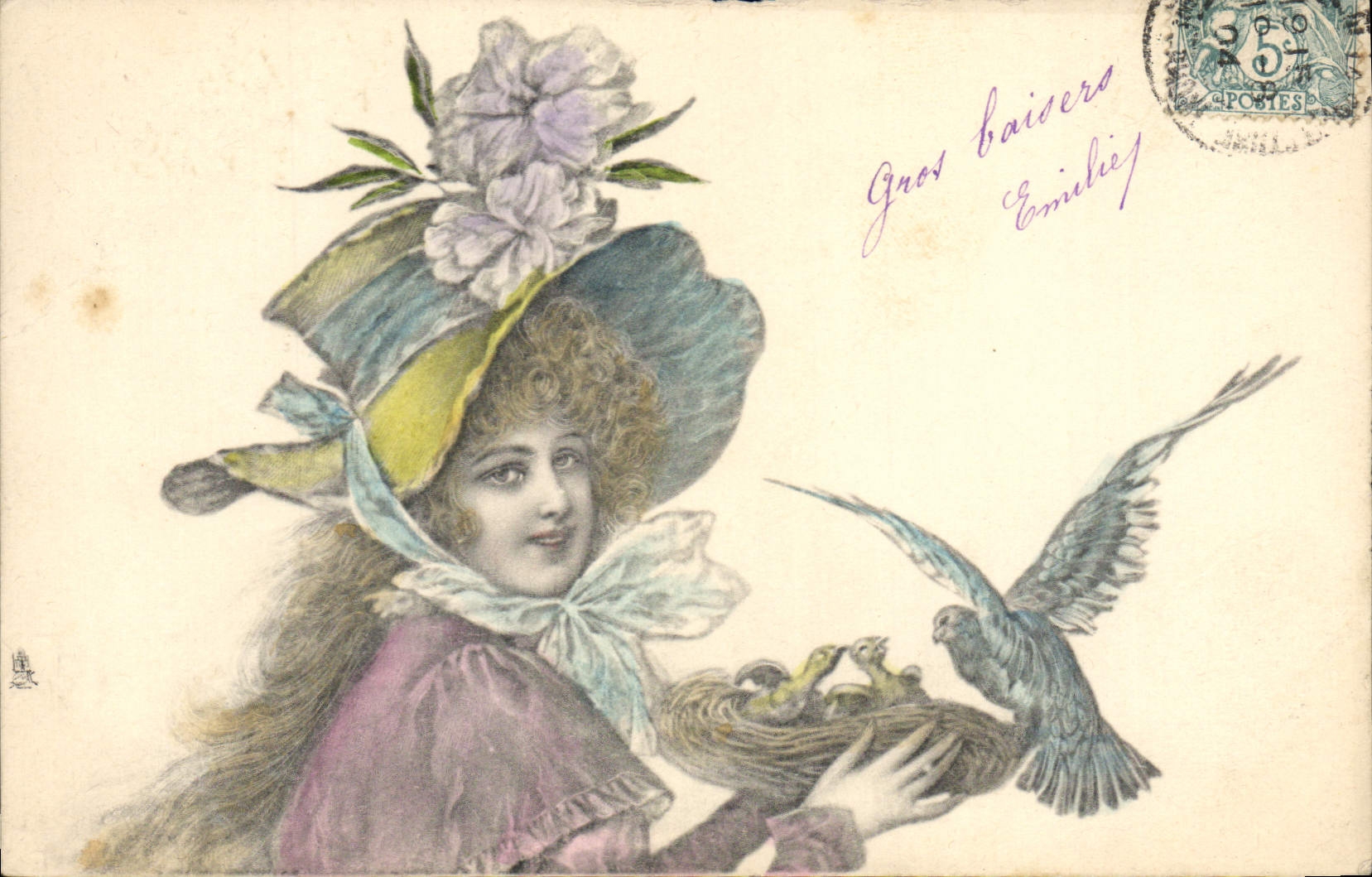 Jeune femme avec oiseaux — Série 358 — Éditeur Tuck & Co, Paris