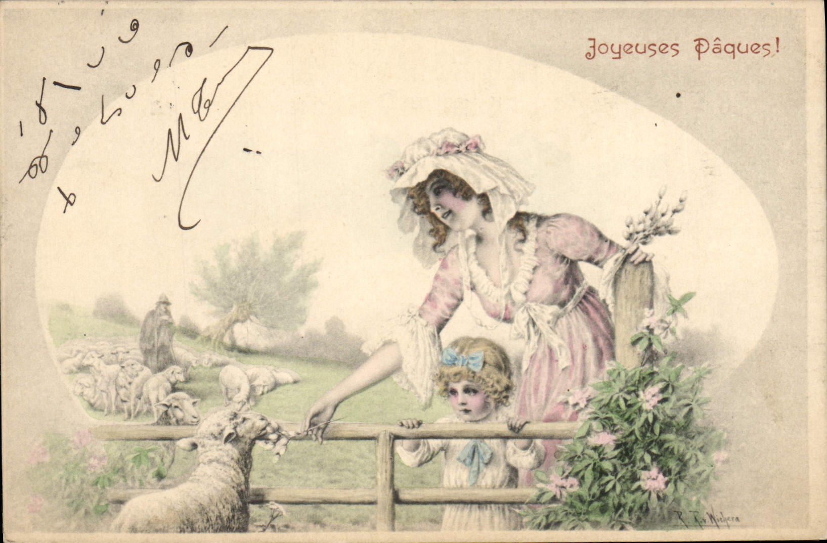 Femme et enfant avec moutons — R. T. Nibecera — M. M. Vienne, N° 173