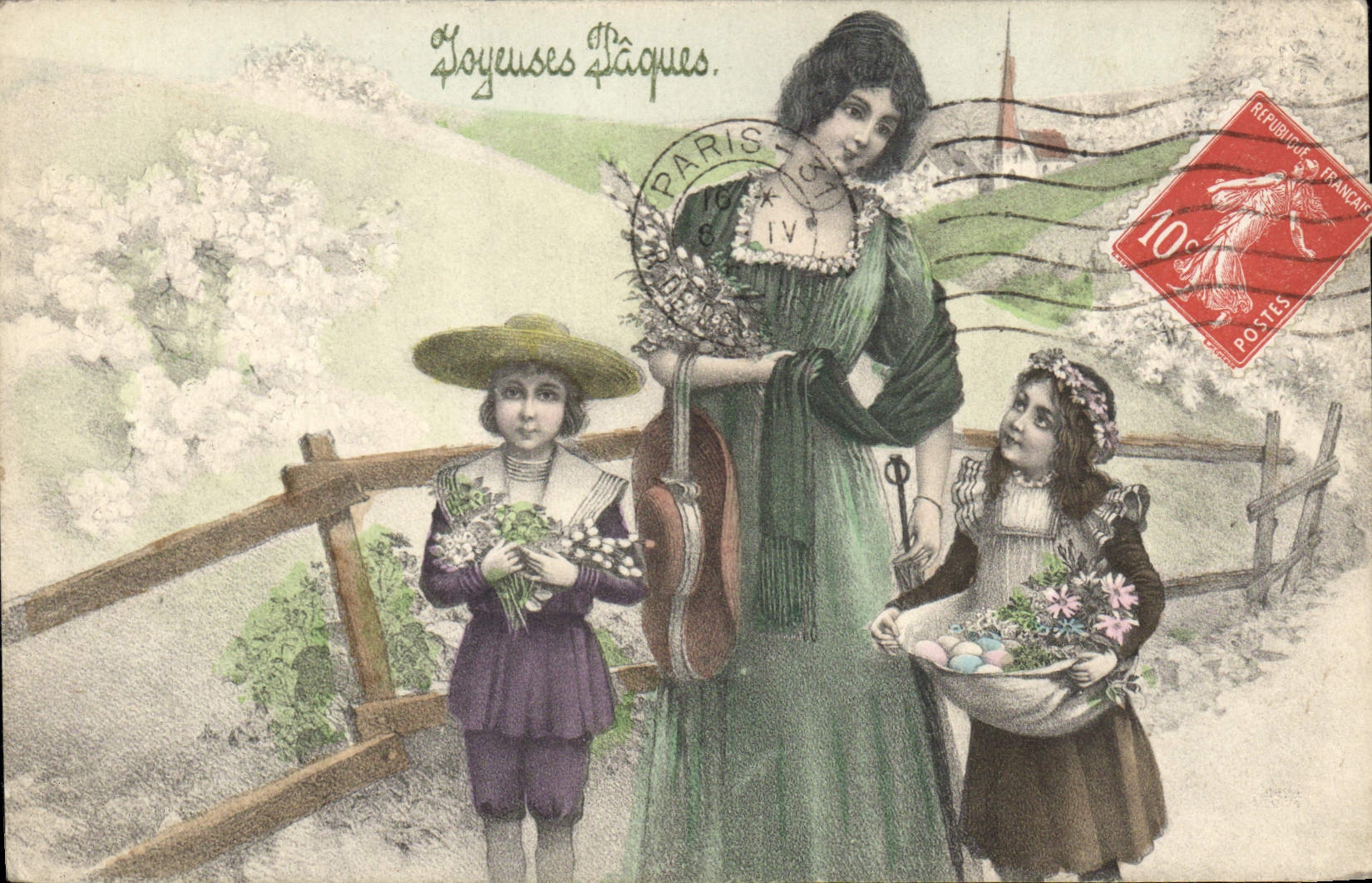 Fête de Pâques — femme et deux enfants avec œufs et fleurs — éditeur non visible