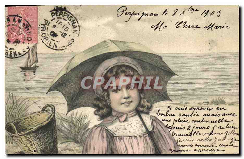 Fille sous parapluie à la plage — Perpignan, 1905 — éditeur non visible