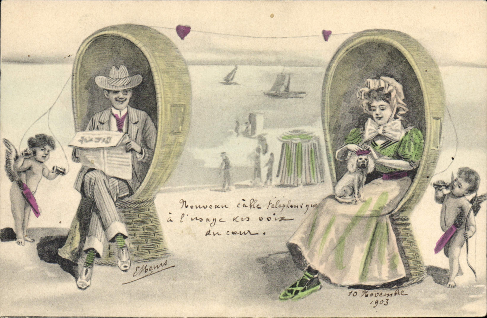 Couples dans des cabines téléphoniques — Nouveau câble téléphonique à l'origine de nos voies du cœur — Éditeur Elbems, n° 10 Novembre 1903