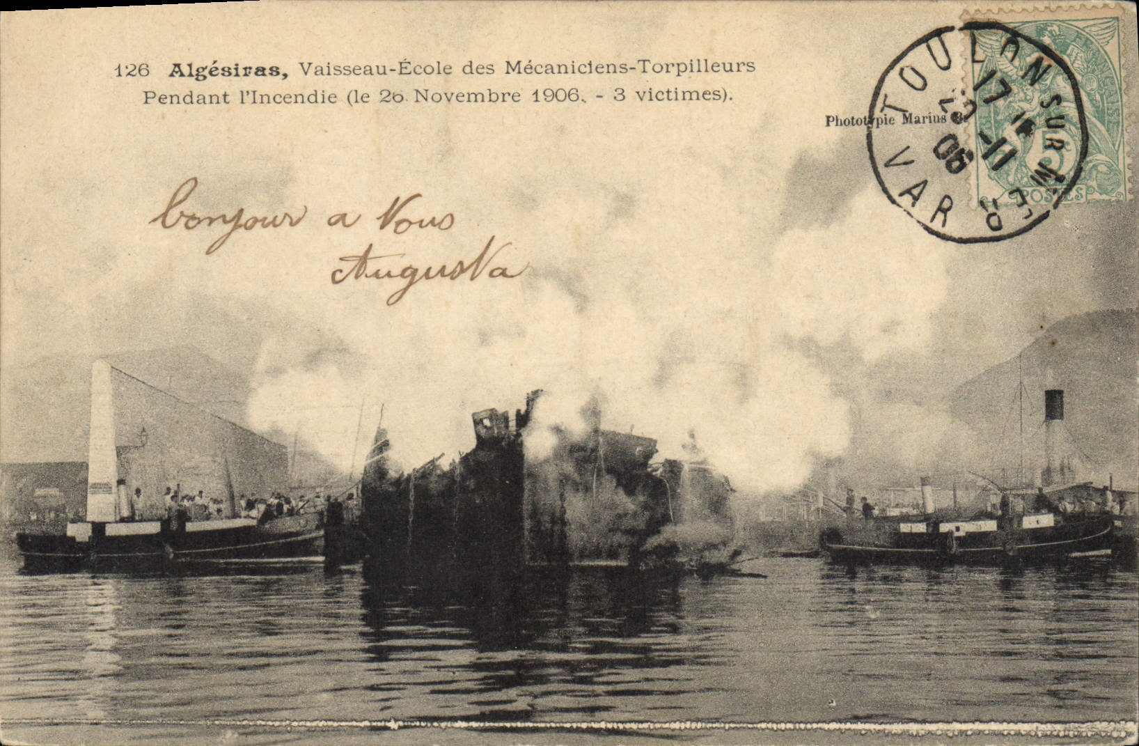 Algésiras, Vaisseau-École des Mécaniciens-Torpilleurs — Incendie du 26 novembre 1906 — 3 victimes — Phototypie Marina