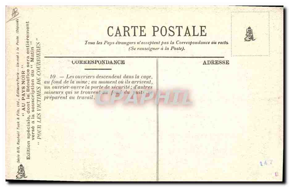 CPA Mine Mines Au Pays Noir Pour les victimes de Courrieres — Verso