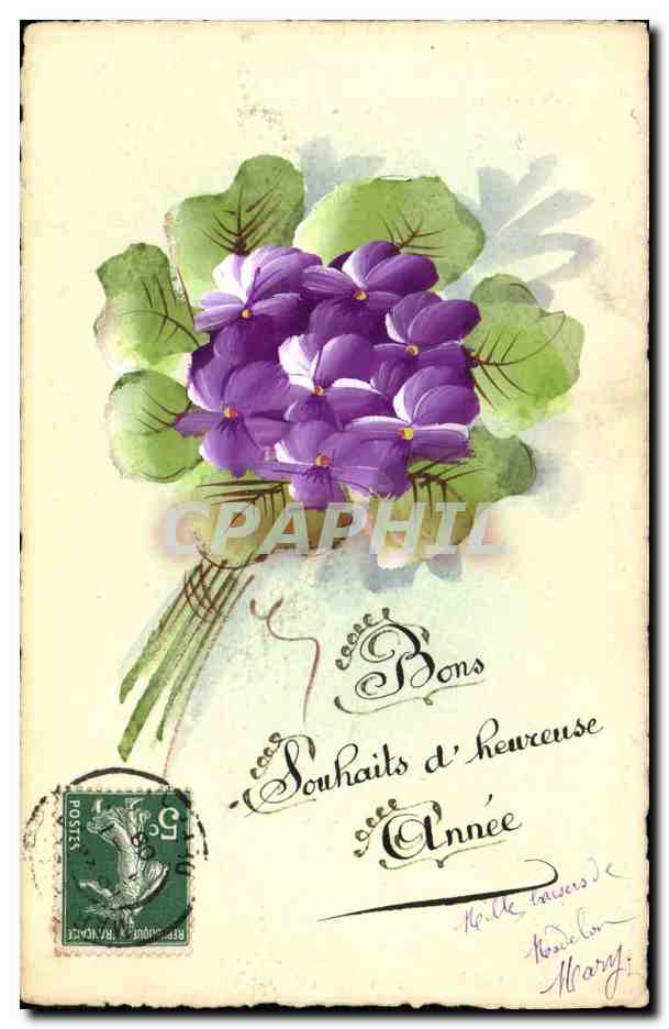 Bouquet de violettes — Souhaits d'heureuse année — éditeur non visible