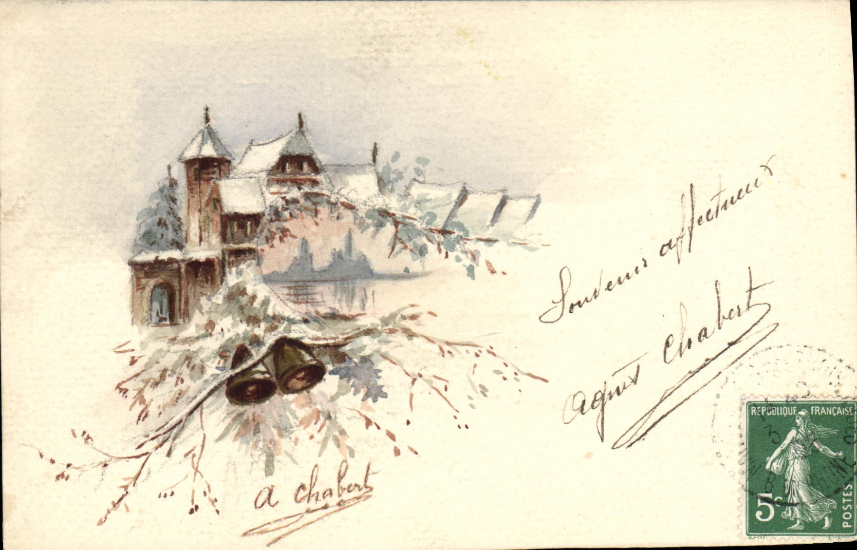 Village enneigé — vue de clocher et toits — éditeur non visible