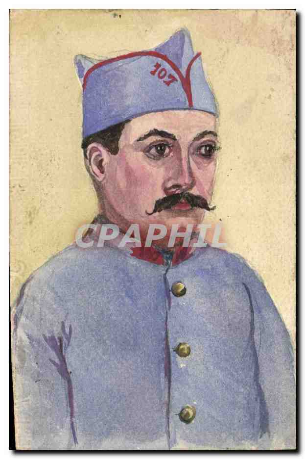 Soldat en uniforme bleu — numéro 107 sur le képi — illustration manuscrite