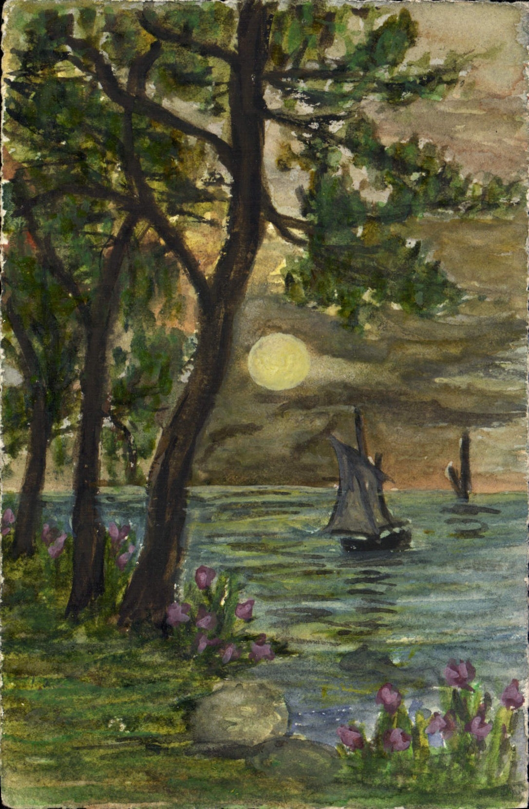 CPA Fantaisie (dessin a la main) Paysage Bateau 