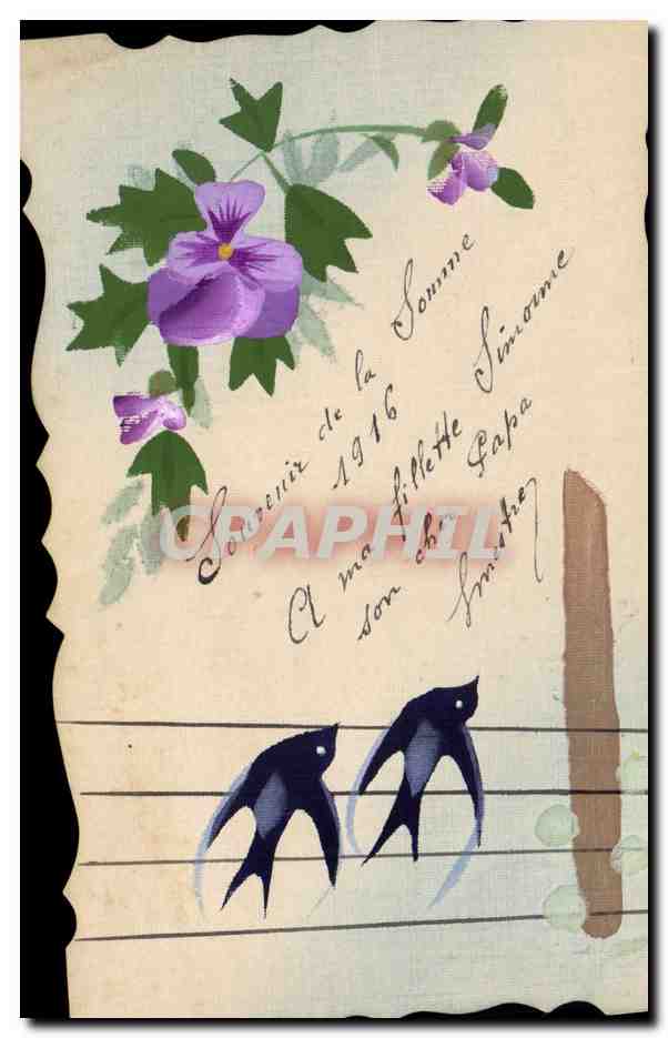 CPA Fantaisie (dessin a la main) Fleurs Hirondelles