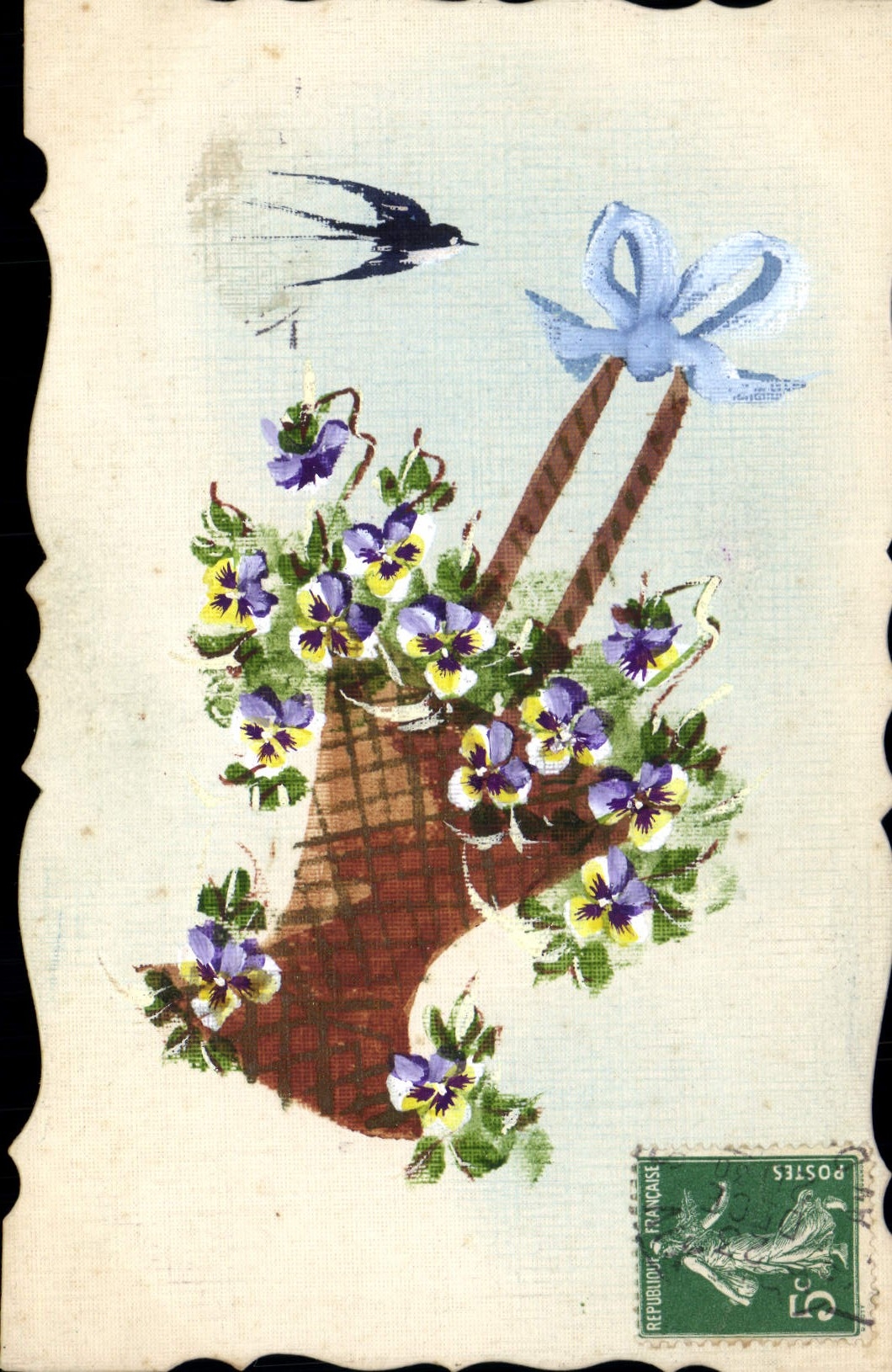 Panier de violettes — oiseau en vol — éditeur non visible