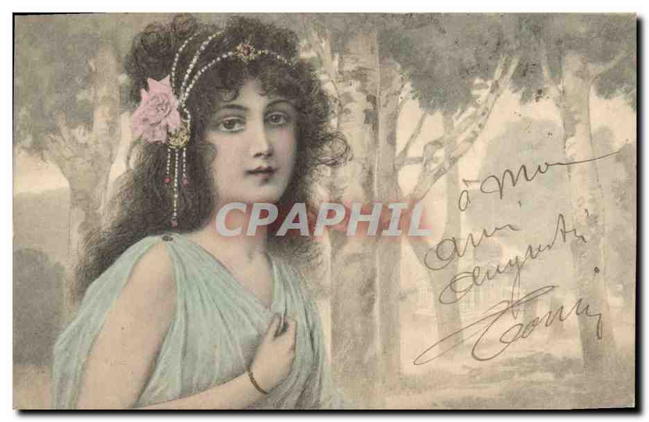 Junge Frau in antikem Kleid — Waldlandschaft — Verlag M. M. Vienne