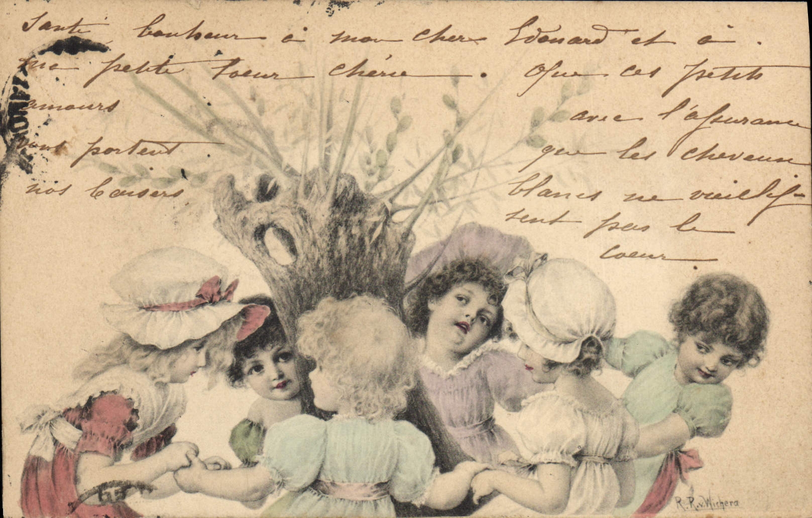 Enfants jouant autour d'un arbre — R. P. Wirgera — éditeur non visible