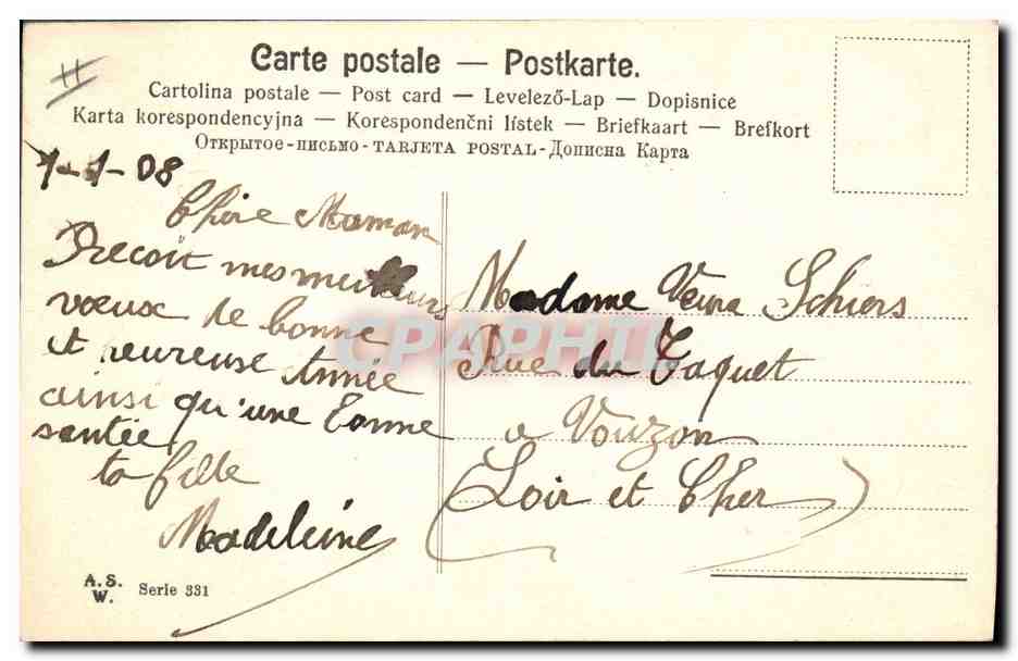 Jeune femme — avec trèfles et message 'Bonne année' — A.S. W. Série 331 — Reverso