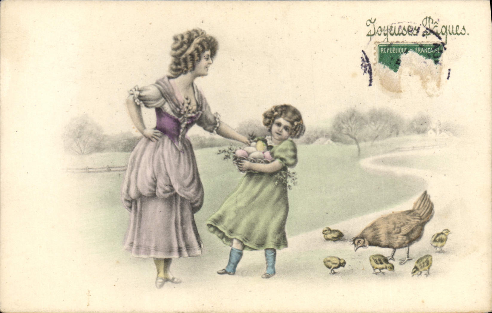 Fête de Pâques — femme et enfant avec poussins — éditeur V. K. VIENNE