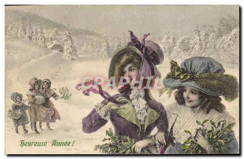 Deux jeunes femmes et enfants dans un paysage hivernal — 'Heureuse Année !' — éditeur non visible