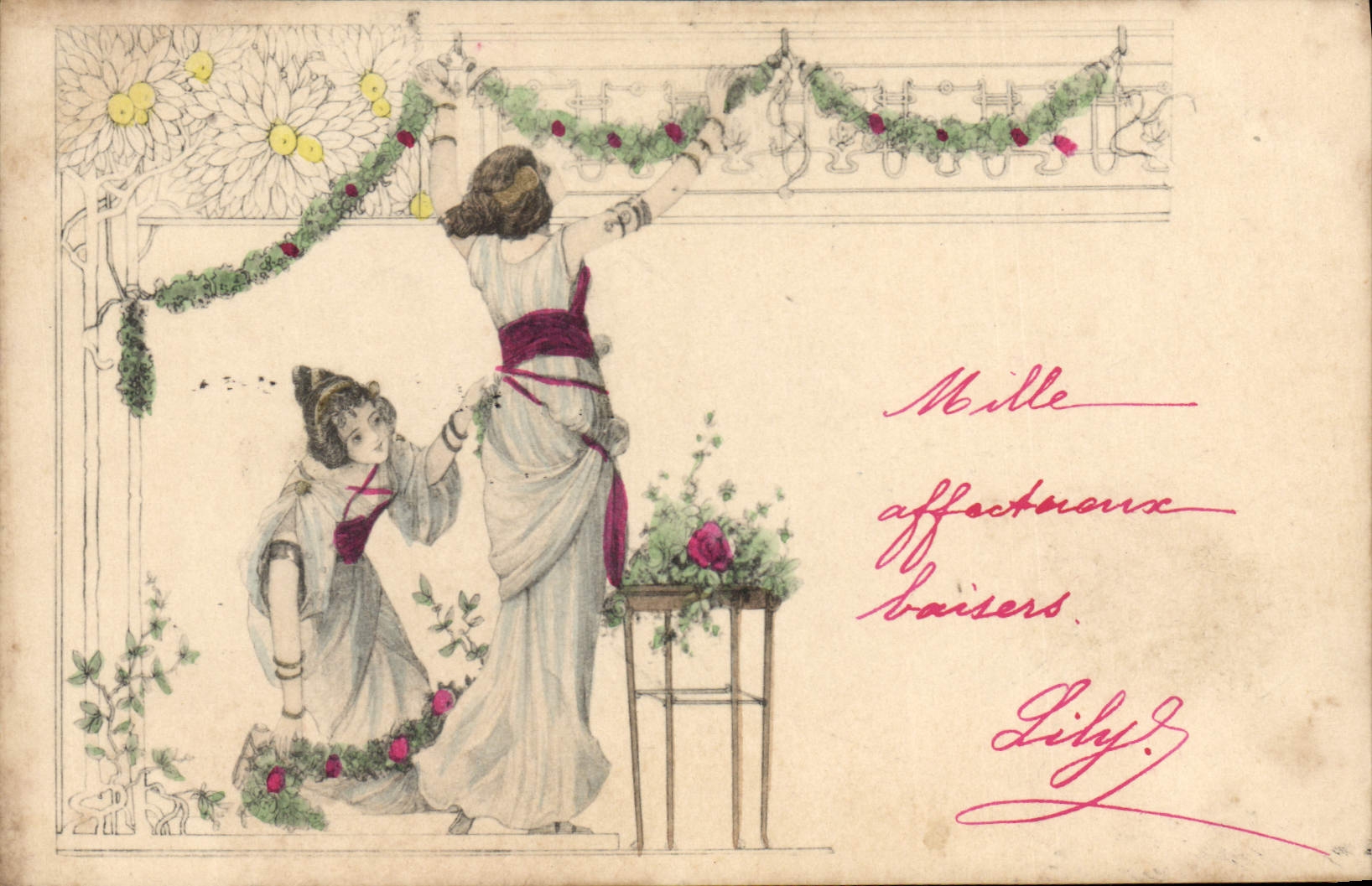 Femmes décorant un balcon — éditeur M. V. Vienne, n° III
