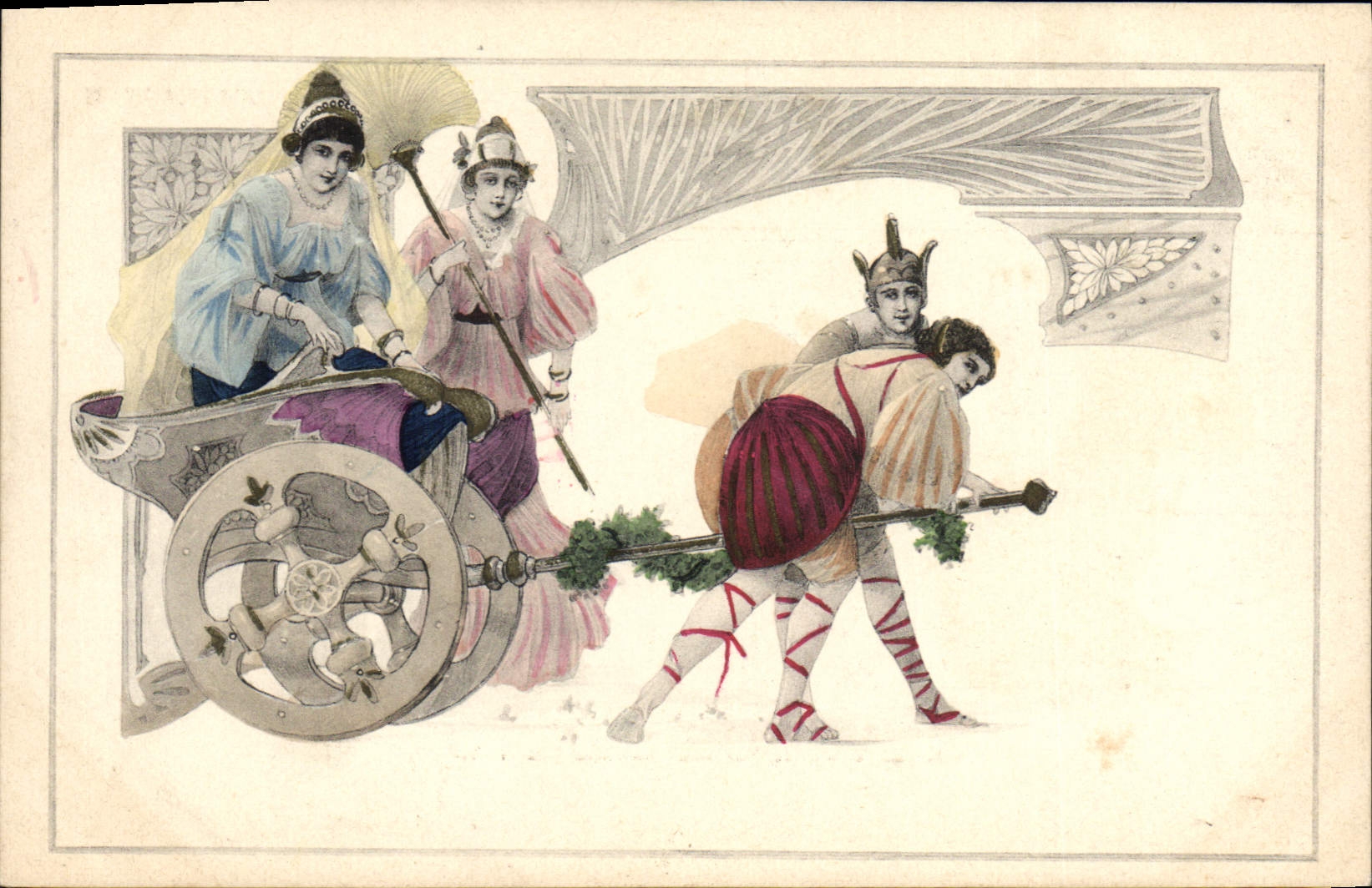 Scène de théâtre — Carrosse tiré par des hommes en costume — M. M. Vienne