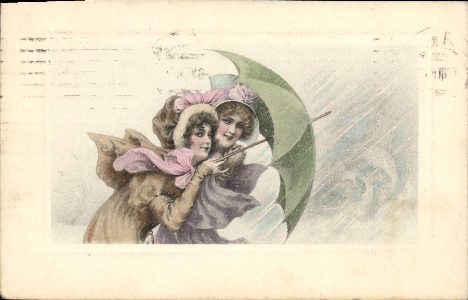 Two young women under an umbrella — illustration — M. M. MUNK, n° 655
