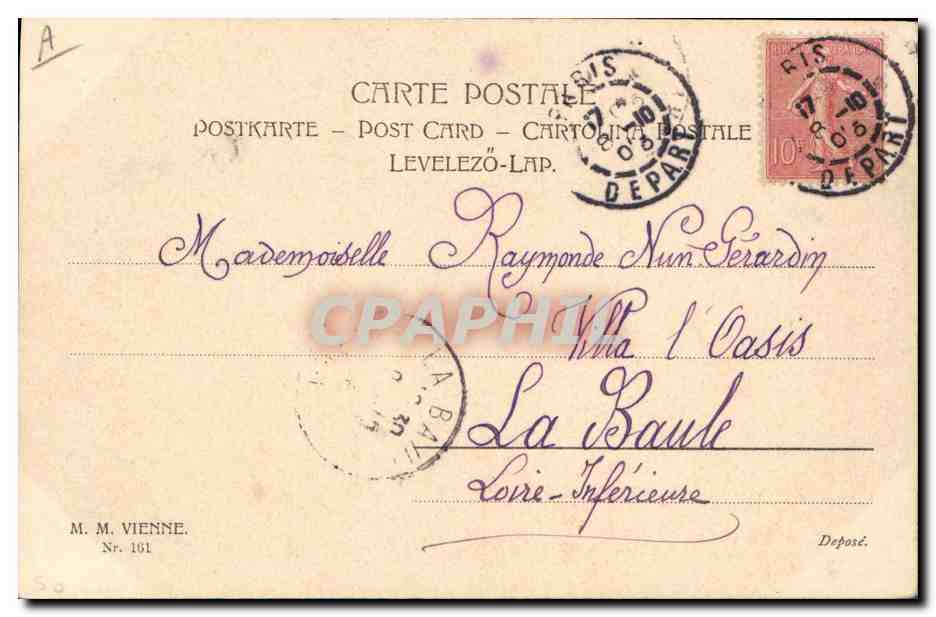 Woman with an iris bouquet — postcard from Vienne — publisher M. M. Vienne, no. 161 — Back