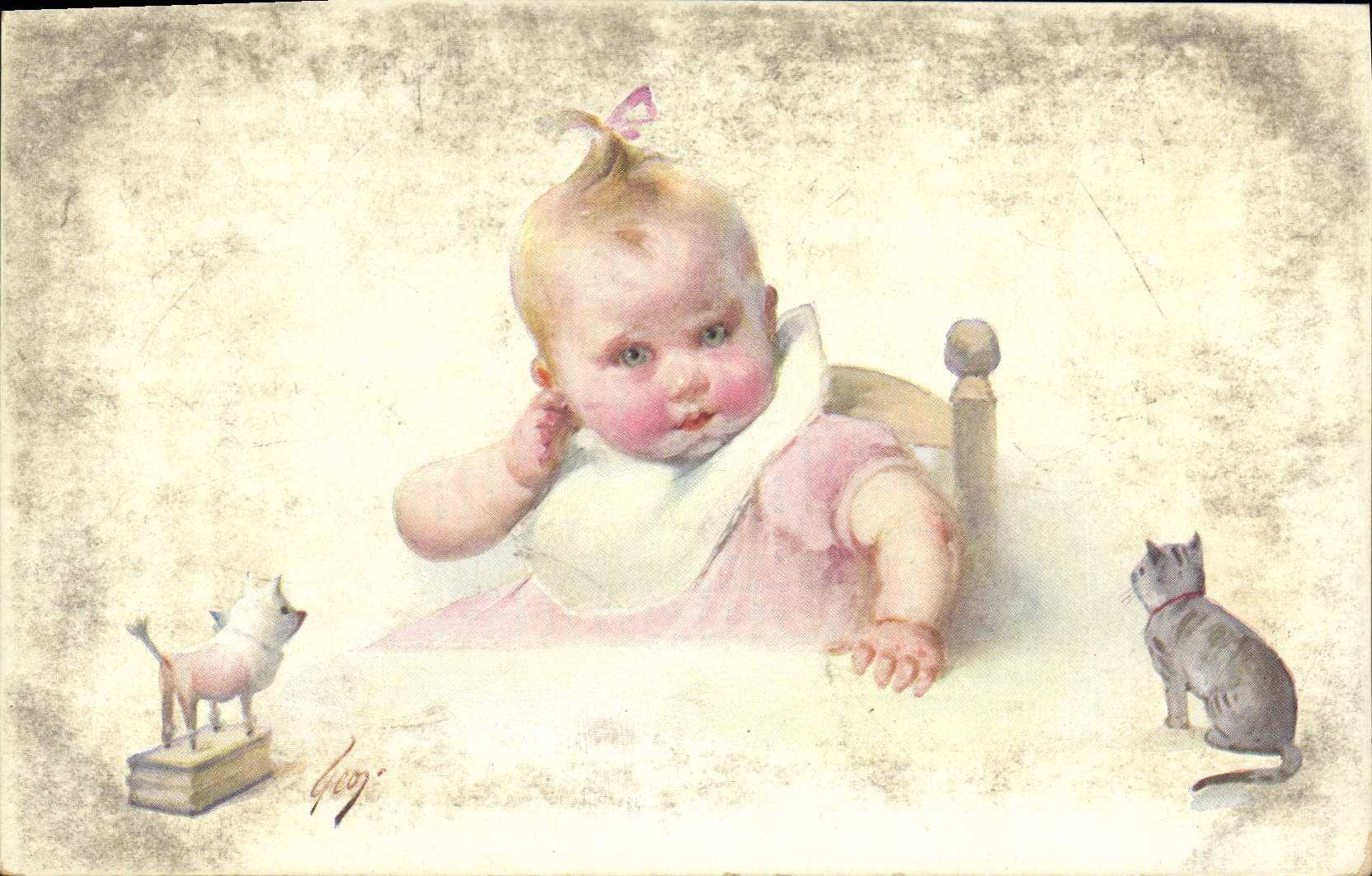 Bébé dans un berceau — avec un chat et une figurine — dessin signé 'Georg' — éditeur M. M. Vienne, n° 782