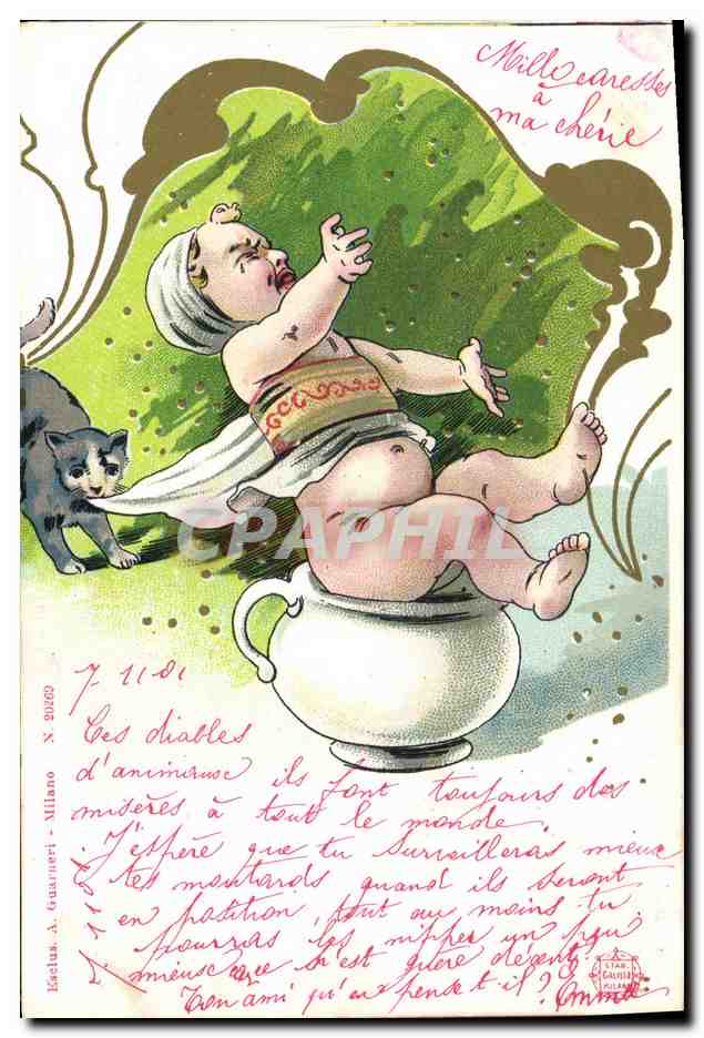 CPA Fantaisie Enfant Pot Chat Chaton 