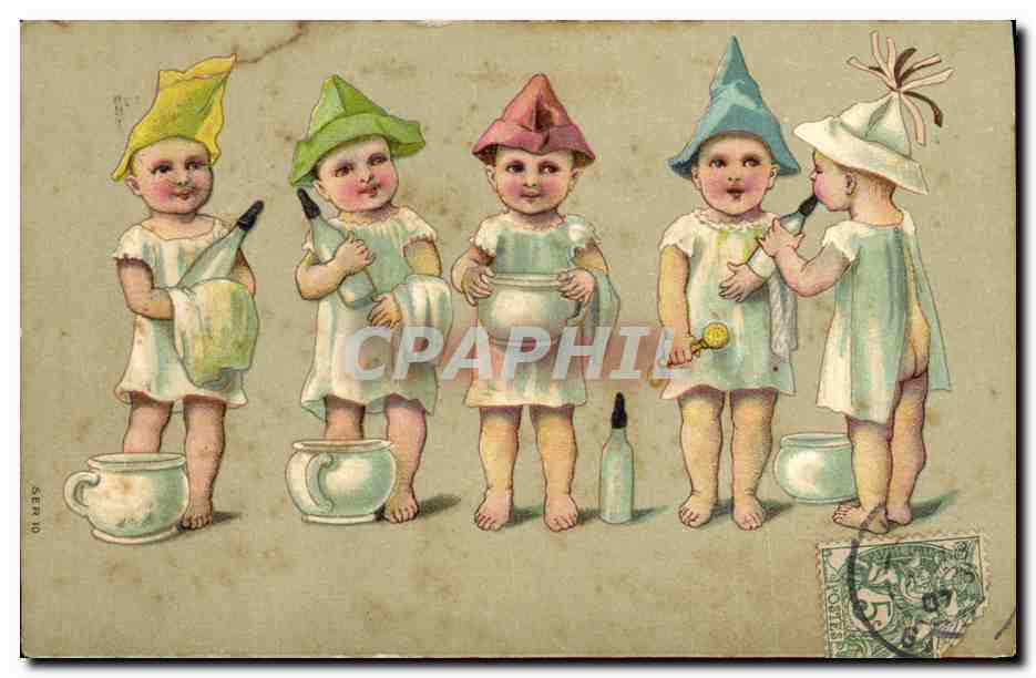 Cinq enfants en bonnets colorés — scène de bain — série SER 10