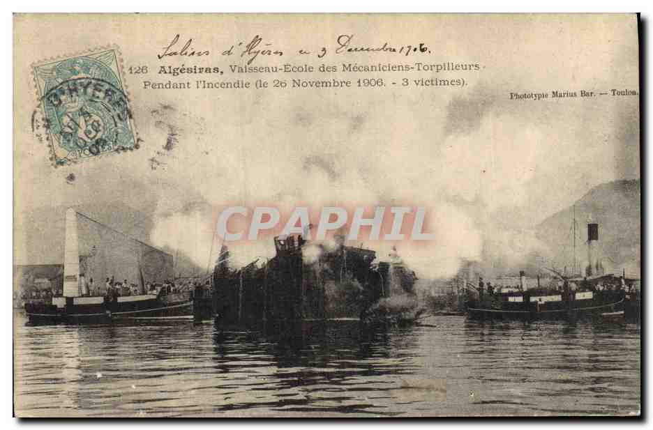 Algésiras, Schipsschool voor Mechanici-Torpediers — Brand van 26 November 1906 — Fototypie Marius Bar, Toulouse