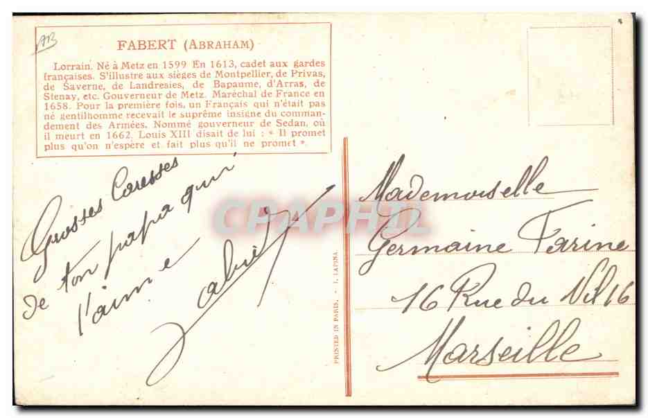 Fabert (Abraham) — Gouverneur de Sedan — Éditeur L. Vallet, n° 192 — Reverso