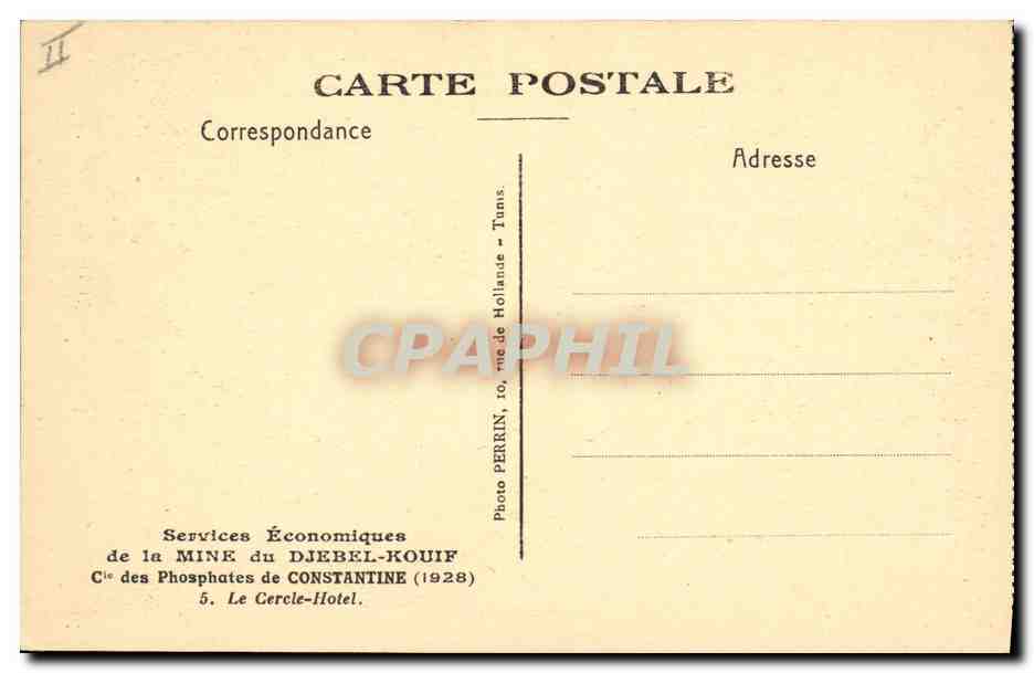 Hôtel du Cercle — Constantine — Photo Perrin, rue de Hollande (1928) — Verso