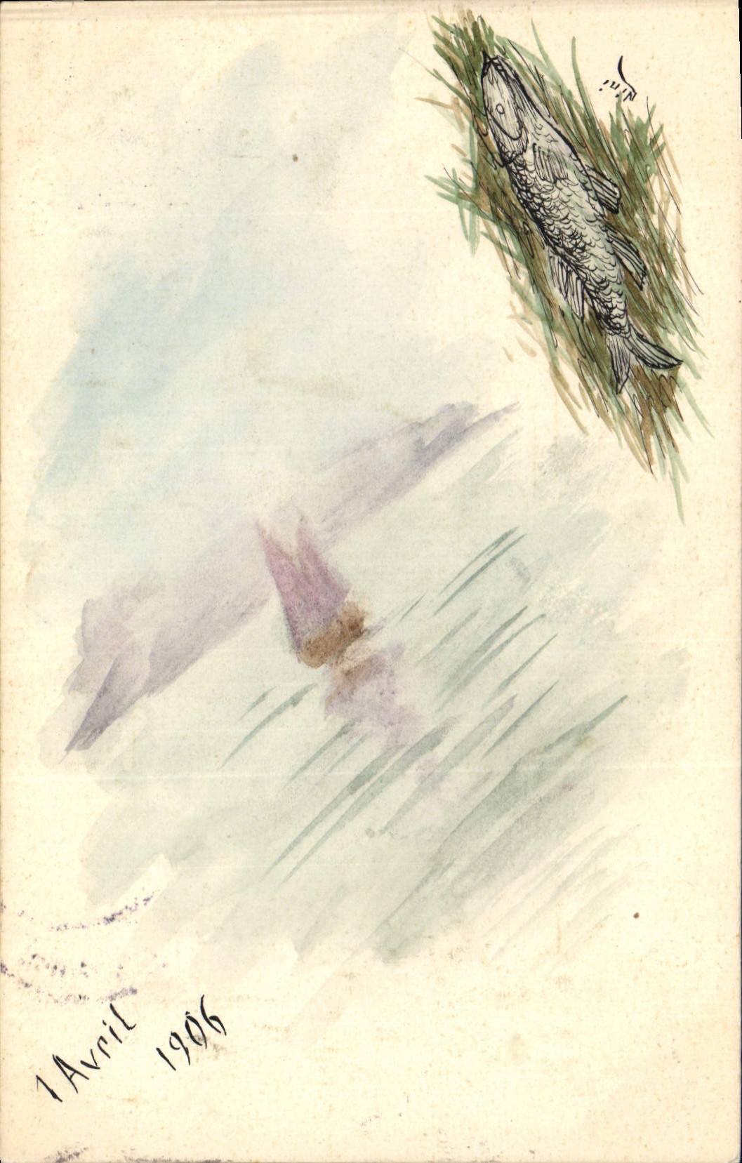 Pêche au poisson — illustration à l'aquarelle — datée 1 Avril 1906