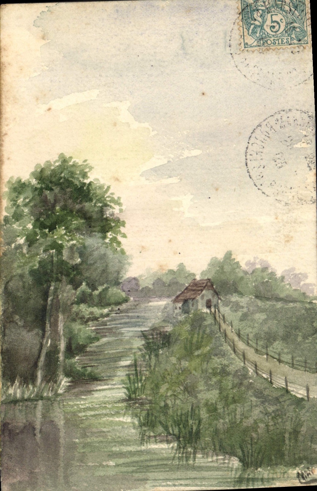 Flusslandschaft — Ansicht eines Kanals mit einem Häuschen — Verlag nicht sichtbar