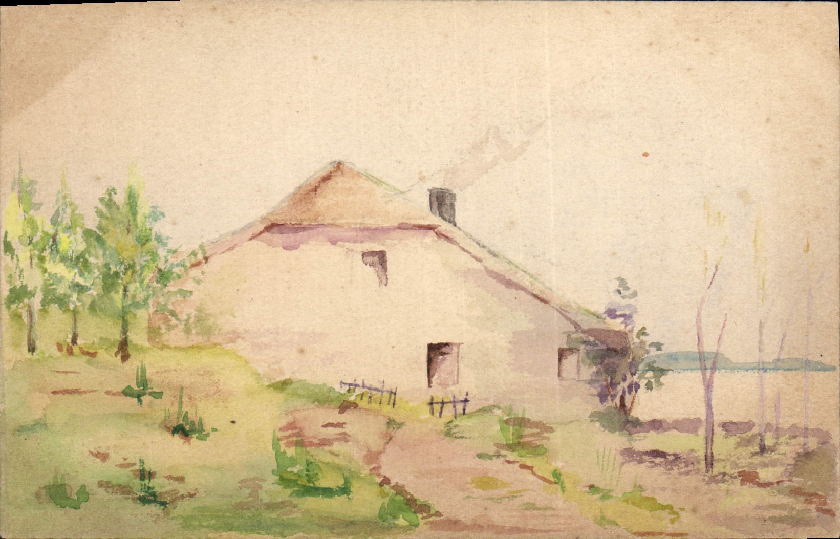Rural Landscape with House — Watercolor — Vintage Postcard/Antike Ansichtskarte