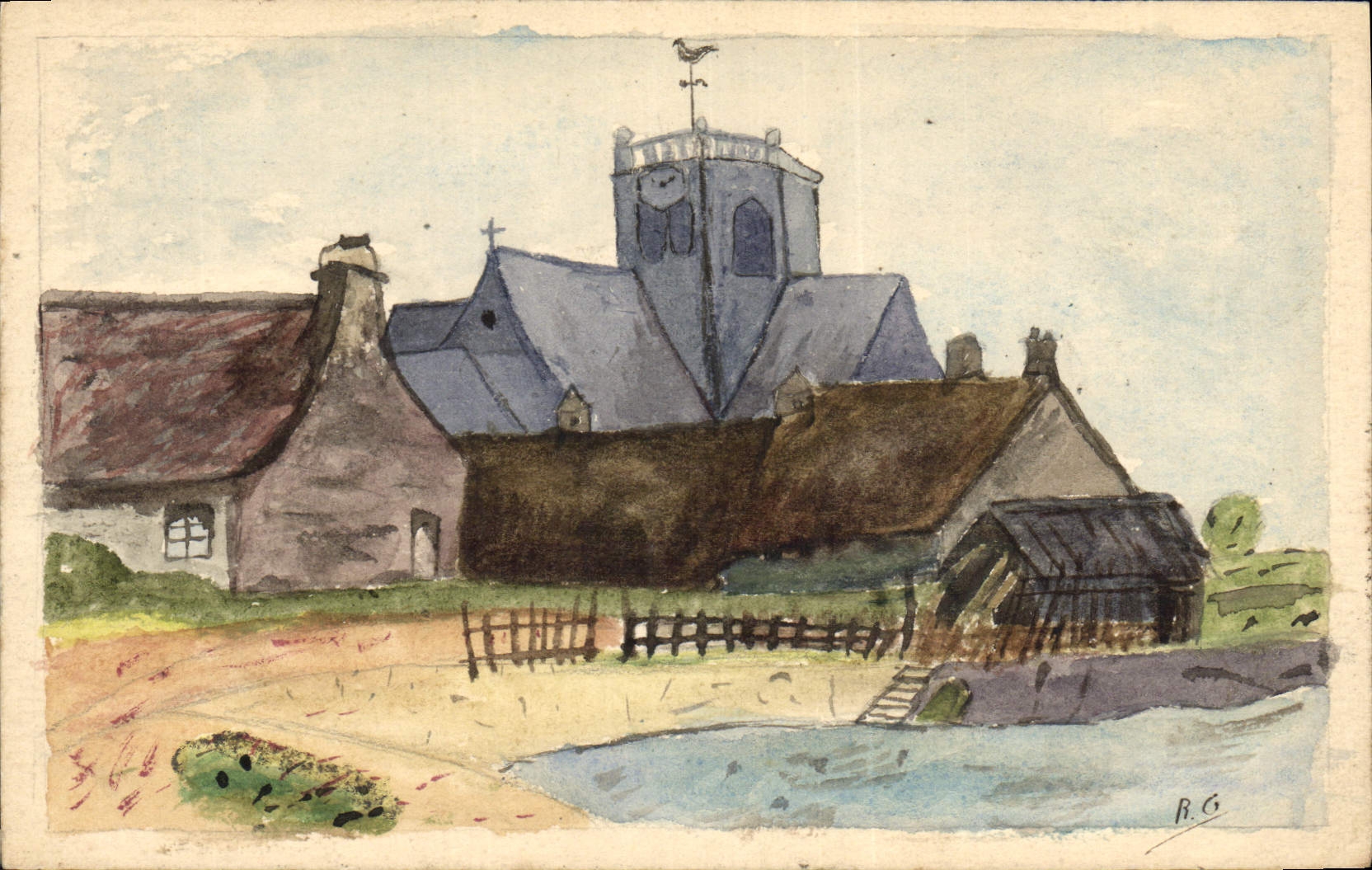 Church and village houses — watercolor drawing — R.G.