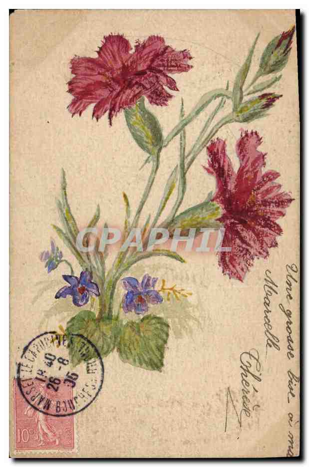 Fleurs — Carnations et violettes — Carte postale française