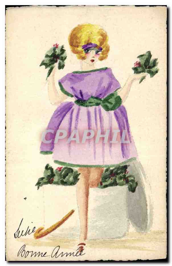 Femme en robe violette tenant des branches de houx — illustration — sans éditeur ni numéro visible