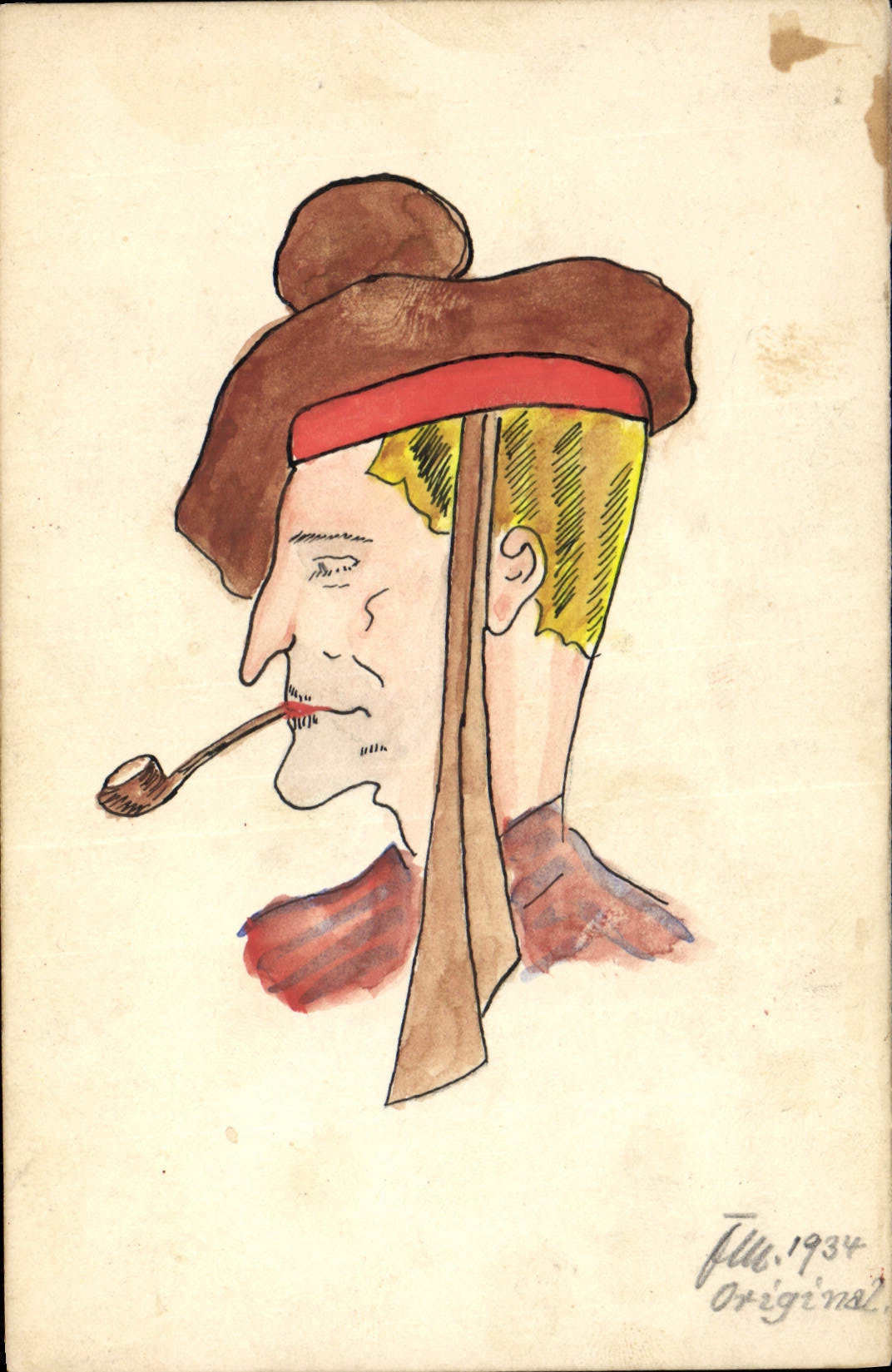 Portrait caricatural d'un homme fumant une pipe — dessin à l'aquarelle — JLL, 1934