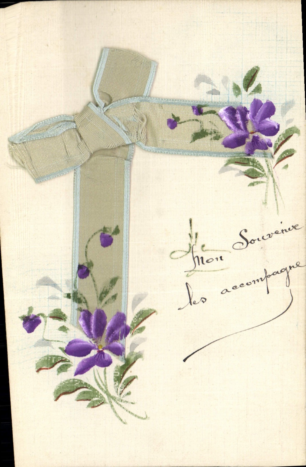 Ansichtskarte mit Kreuz und Violette — handschriftlicher Text 'Mein Gedächtnis begleitet sie' — Verlag unbekannt
