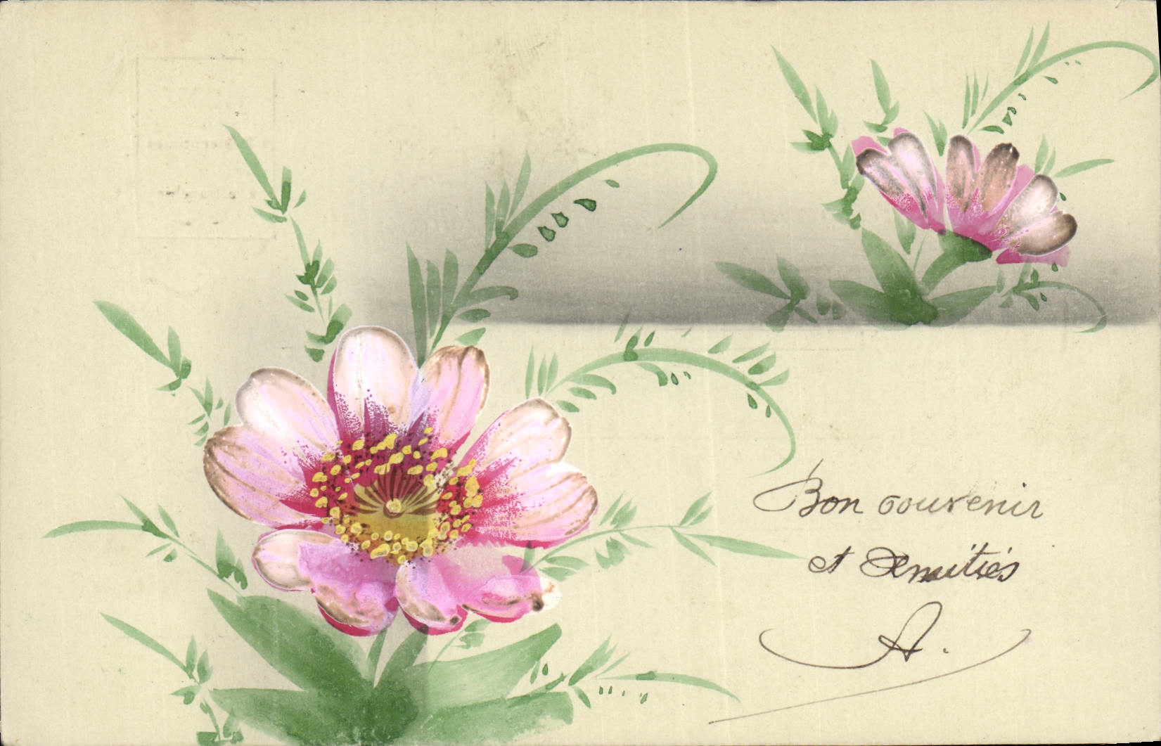Fleurs roses — Bon souvenir et Amitiés — A. — Carte postale de Pertuis