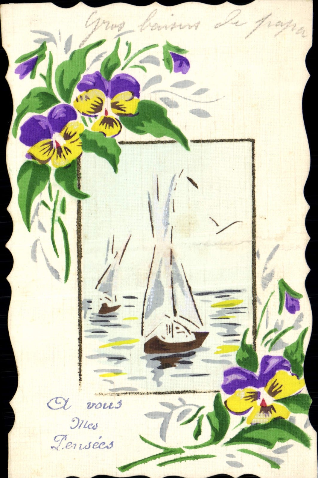Poissons et voiliers — Carte postale décorée de pensées — éditeur non visible
