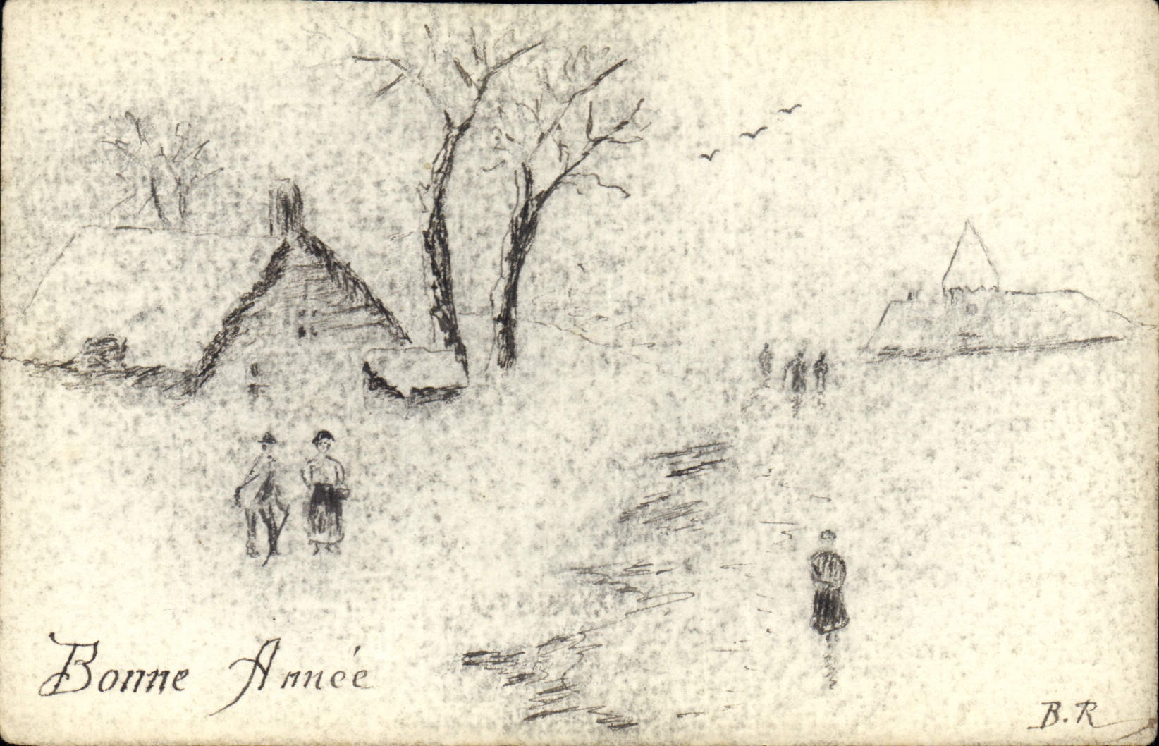 Scène de village hivernal — dessin au crayon — B.R.