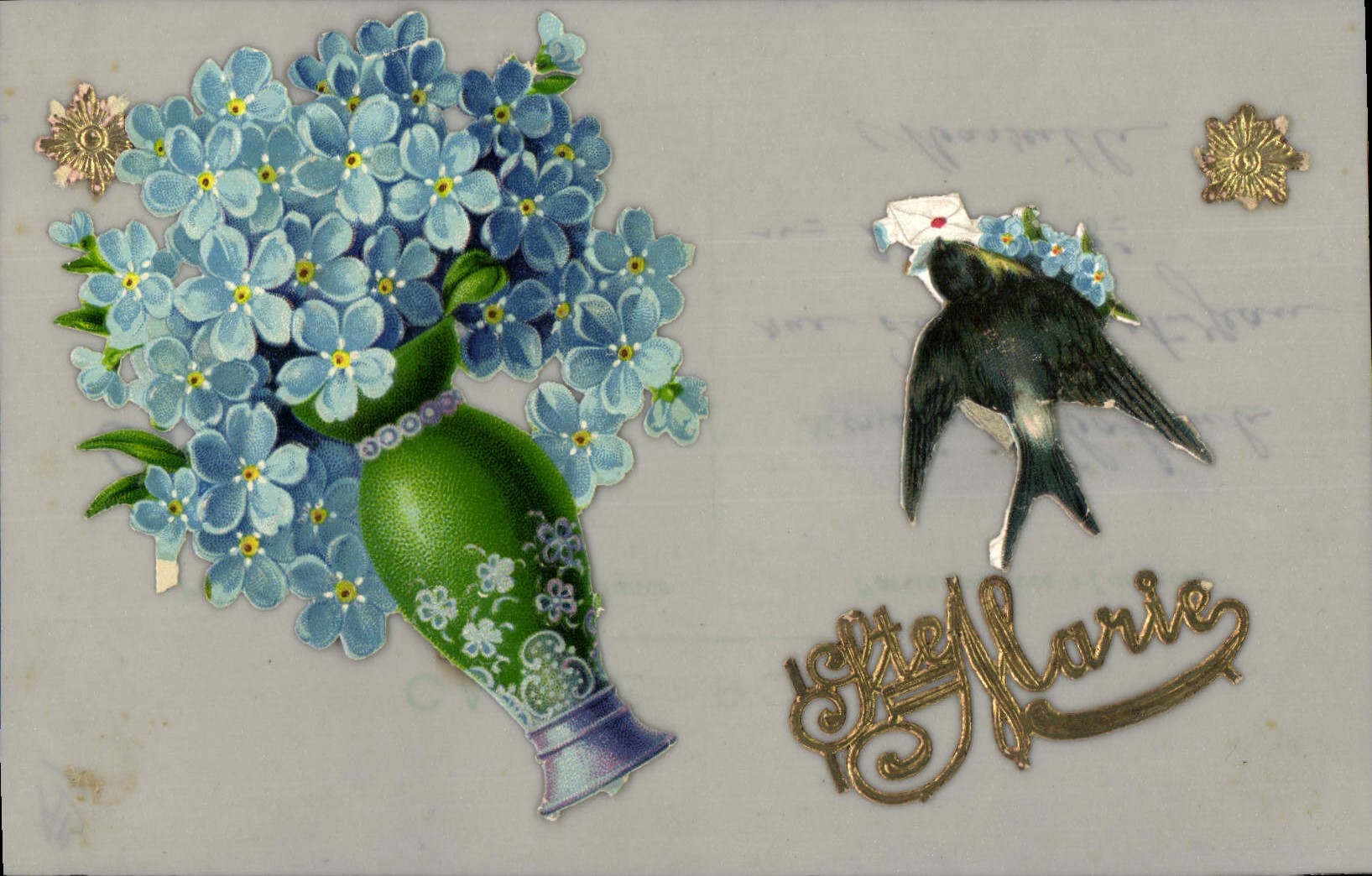 Bouquet de flores azules — pájaro e inscripción 'Gott Marie' — editor desconocido